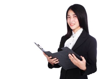 gülümseyen iş kadını w izole bir Pano tutan takım elbiseli