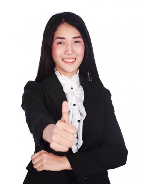 başparmak yukarıya beyaz ba izole jest ile mutlu bir iş kadını