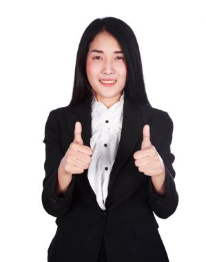 başparmak yukarıya beyaz ba izole jest ile mutlu bir iş kadını