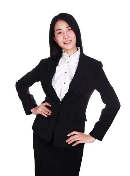 Business woman is smile and arms akimbo isolated on white backgr — Stock Photo, Image