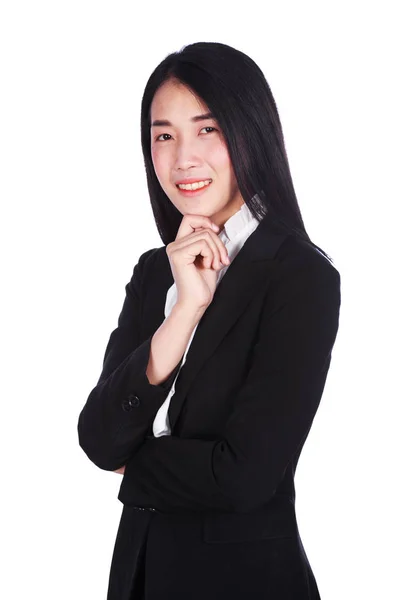 Mujer de negocios sonriendo y pensando aislado sobre fondo blanco —  Fotos de Stock