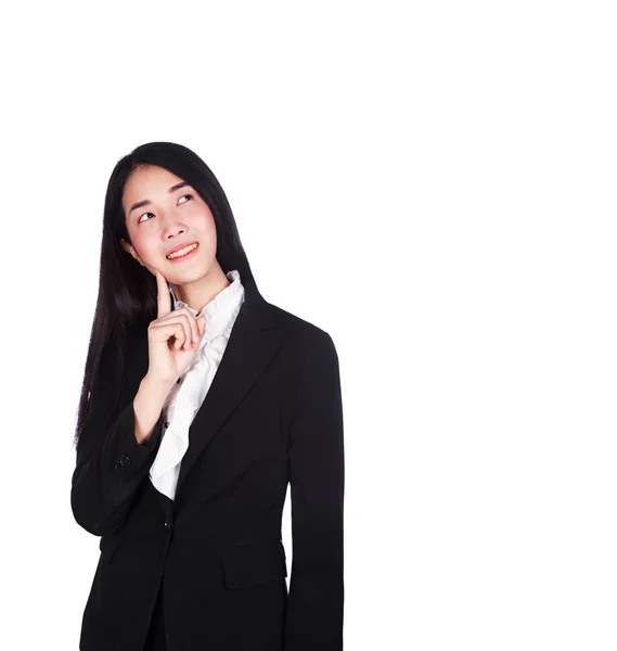 Donna d'affari sorridente e pensare isolato su sfondo bianco — Foto Stock