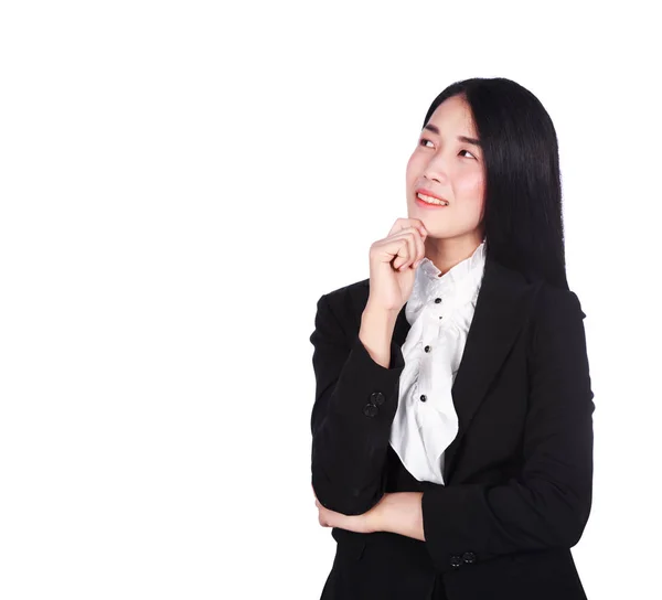 Geschäftsfrau lächelt und denkt isoliert auf weißem Hintergrund — Stockfoto