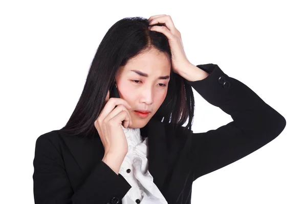 Woman in business suit working in stress desperate talking on a — Stock Photo, Image