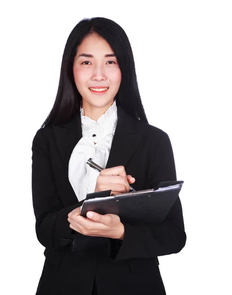 Mulher de negócios em terno escrevendo em uma área de transferência isolada em branco — Fotografia de Stock