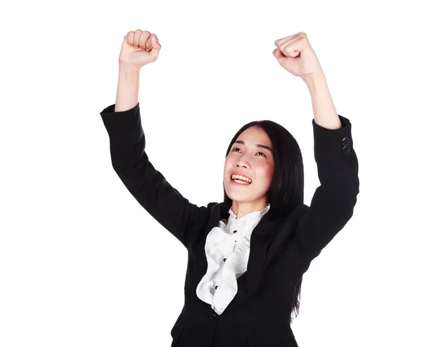 Business woman cheering with her arms raised isolated on white b — Stock Photo, Image