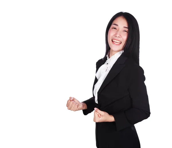 Mujer de negocios animando con sus brazos levantados aislados en blanco b —  Fotos de Stock