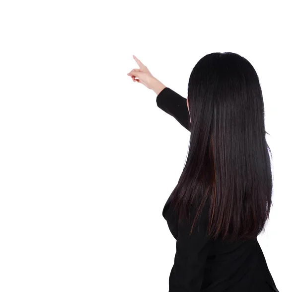 Rear view of business woman pointing isolated on a white backgro — Stock Photo, Image