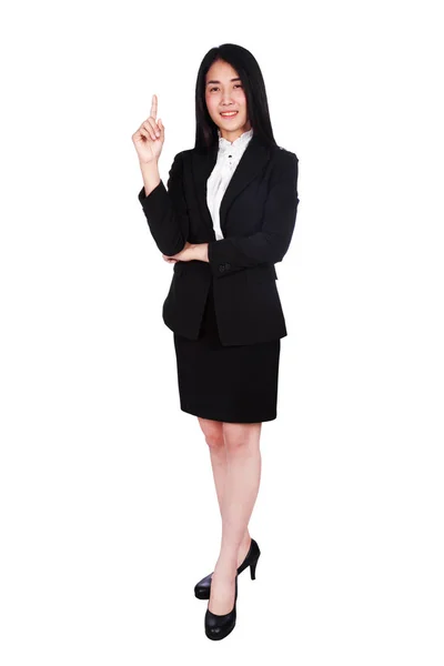 ビジネスの女性は白い背景がある上に孤立人差し指を示します — ストック写真