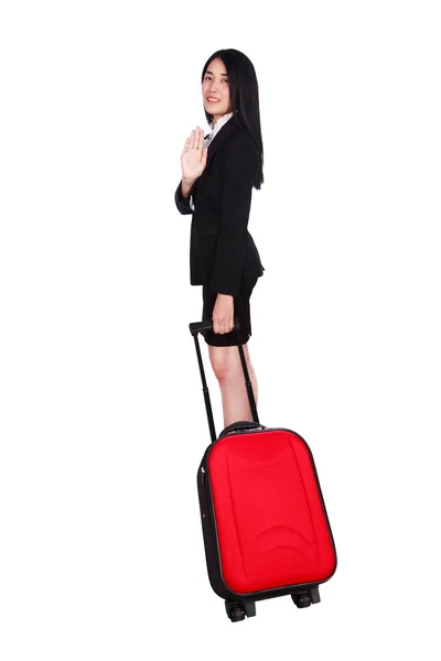 Деловая женщина с чемоданом изолированы на белом фоне — стоковое фото