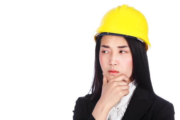 Zakelijke vrouw ingenieur denken geïsoleerd op witte achtergrond — Stockfoto