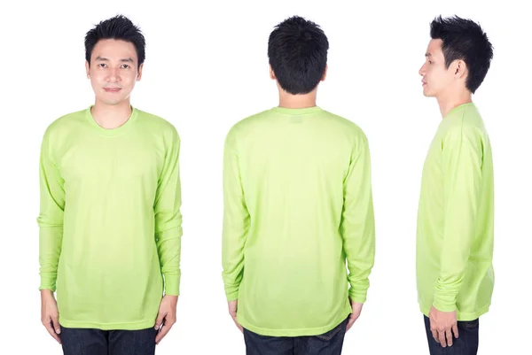 Hombre en camiseta verde de manga larga aislada sobre fondo blanco —  Fotos de Stock