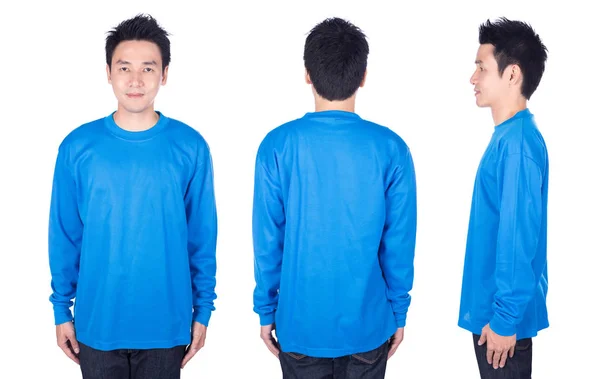 Mann in blauem Langarm-T-Shirt isoliert auf weißem Hintergrund — Stockfoto