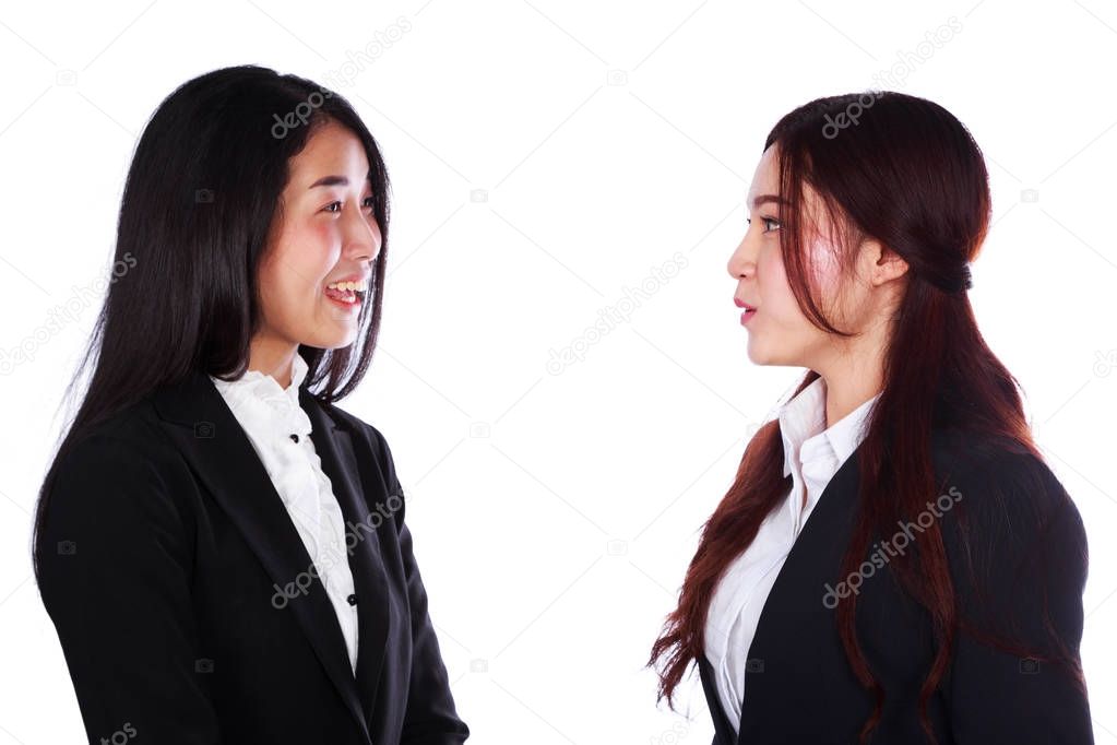 two businesswoman talking together isolated on white background