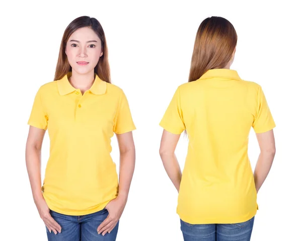 穿着白色背景的黄色马球衫的女人 — 图库照片