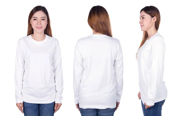 白い背景に隔離された白い長袖Tシャツの女性 — ストック写真