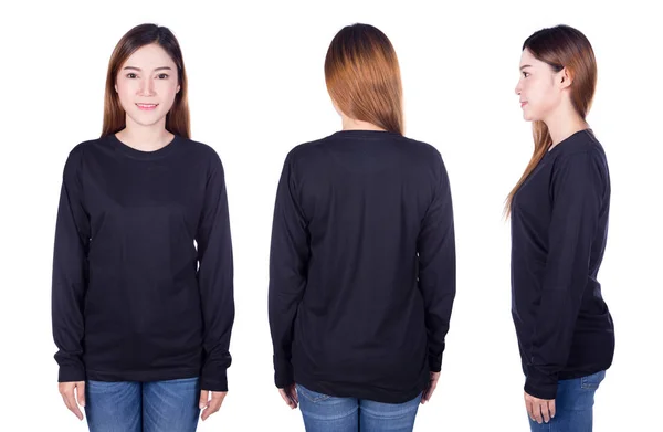 Vrouw in zwart t-shirt met lange mouwen geïsoleerd op witte achtergrond — Stockfoto