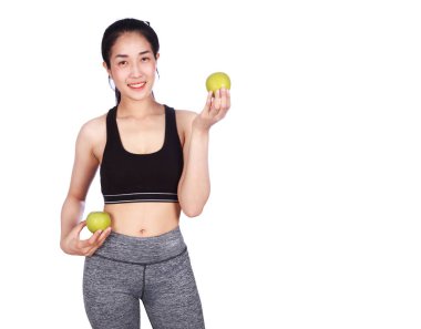 Yeşil elma beyaz arka plan üzerinde izole kadınla Fitness