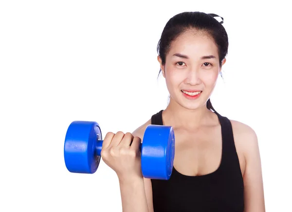 Fitness woman with dumbbell isolated on white background — Stock Photo, Image