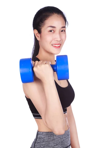 Mujer fitness con mancuerna aislada sobre fondo blanco — Foto de Stock