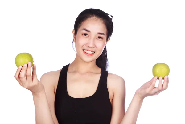 Fitness woman with green apple isolated on white background — Stock Photo, Image