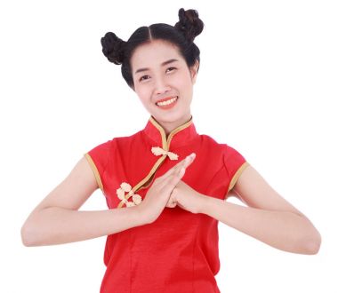 kadın giyim ile jest kutlama kırmızı cheongsam conce içinde