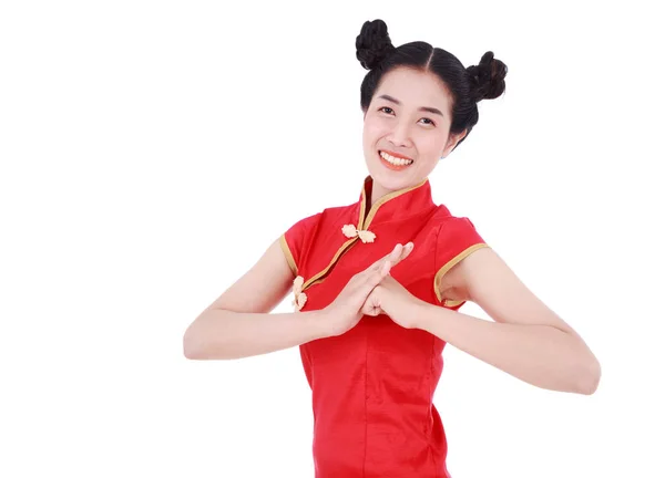 Woman wear red cheongsam with gesture of congratulation in conce — Stock Photo, Image