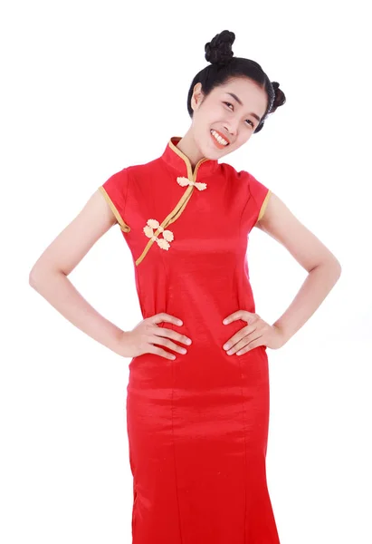 Woman wear red cheongsam in concept of happy chinese new year — Stock Photo, Image