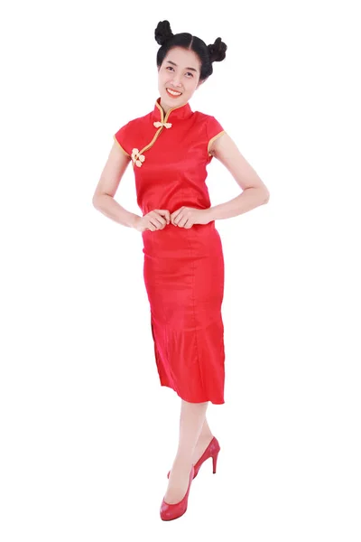 Mujer llevar cheongsam rojo en concepto de feliz año nuevo chino es —  Fotos de Stock