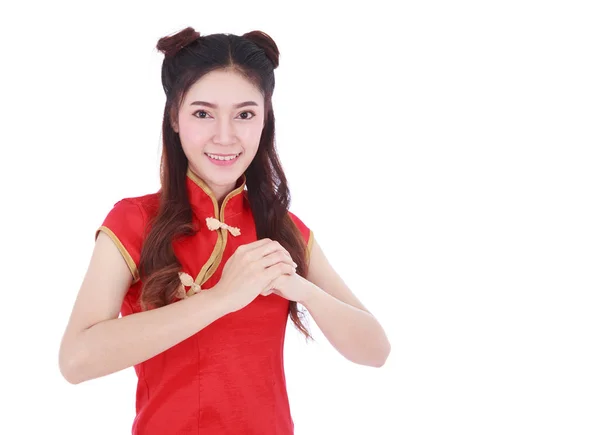 Woman wear red cheongsam with gesture of congratulation in conce — Stock Photo, Image