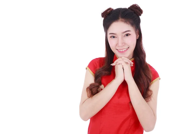 Woman wear red cheongsam in concept of happy chinese new year is — Stock Photo, Image