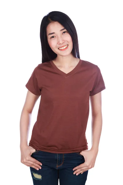 Woman in t-shirt isolated on white background — Stock Photo, Image