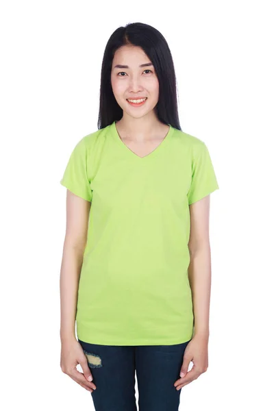 Woman in t-shirt isolated on white background — Stock Photo, Image