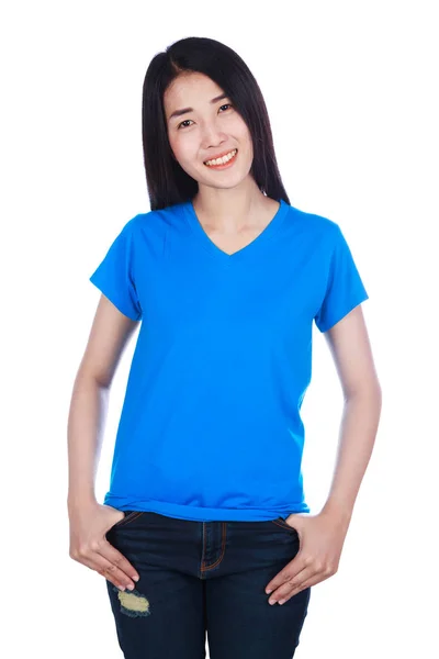 Woman in t-shirt isolated on white background — Stock Photo, Image