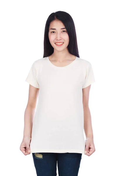 Vrouw in t-shirt geïsoleerd op witte achtergrond — Stockfoto