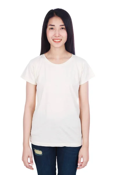 Woman in t-shirt isolated on white background — Stock Photo, Image