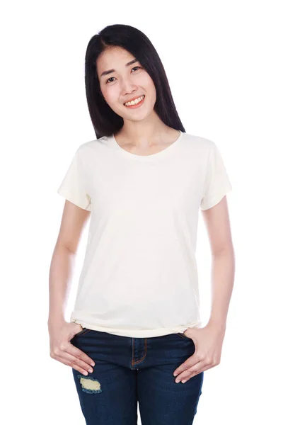 Mulher em t-shirt isolado no fundo branco — Fotografia de Stock