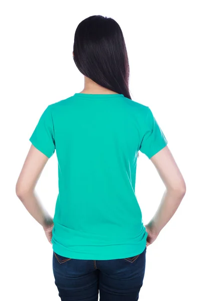 Vrouw in t-shirt geïsoleerd op witte achtergrond — Stockfoto