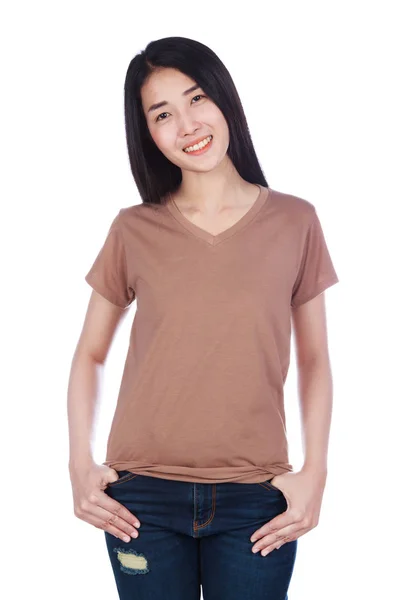 Woman in t-shirt isolated on white background — Stock Photo, Image