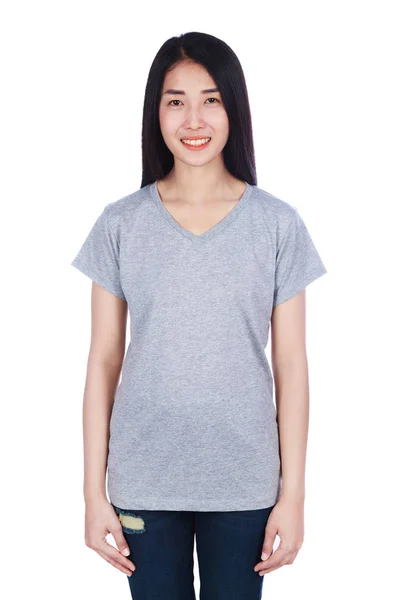 흰색 배경에 고립 된 t-셔츠에 있는 여자 — 스톡 사진