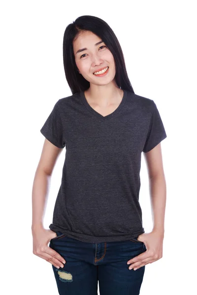 Mulher em t-shirt isolado no fundo branco — Fotografia de Stock