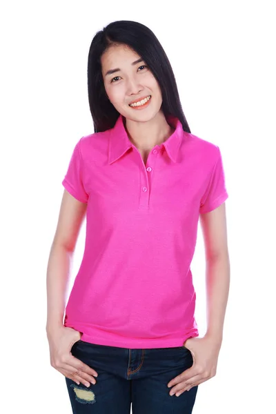 Woman in polo shirt isolated on a white background — Stock Photo, Image