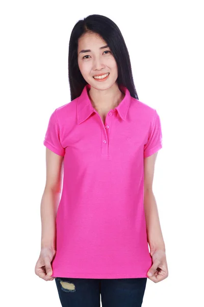 Woman in polo shirt isolated on a white background — Stock Photo, Image