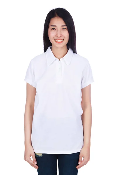 Woman in polo shirt isolated on a white background — Stock Photo, Image