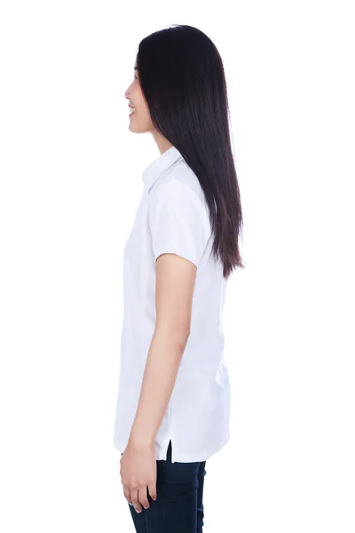 Woman in polo shirt isolated on a white background — Stock Photo, Image