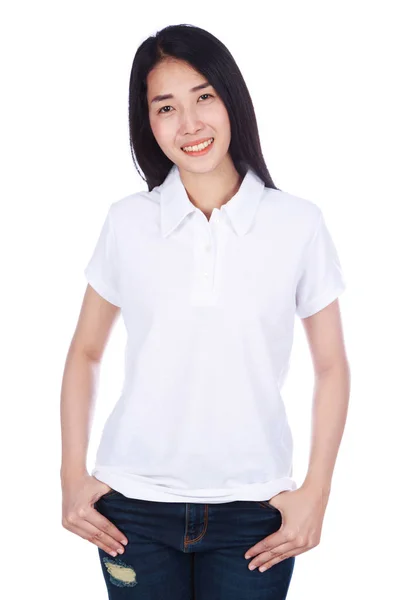 Woman in polo shirt isolated on a white background — Stock Photo, Image
