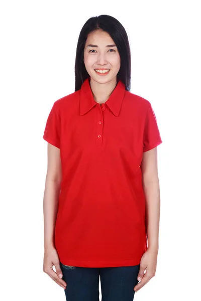 Woman in polo shirt isolated on a white background — Stock Photo, Image