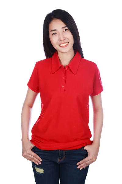 Vrouw in poloshirt geïsoleerd op een witte achtergrond — Stockfoto