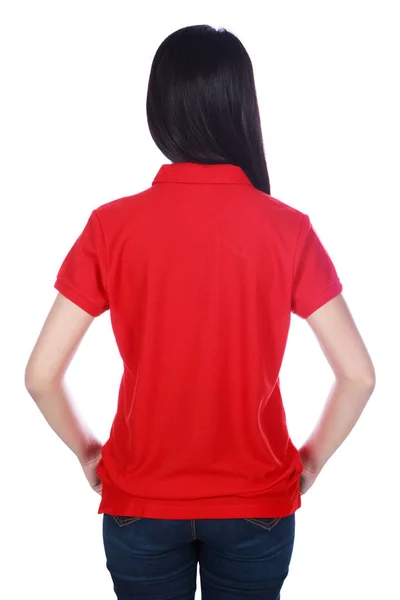 Vrouw Rood Polo Shirt Geïsoleerd Een Witte Achtergrond Achterzicht — Stockfoto