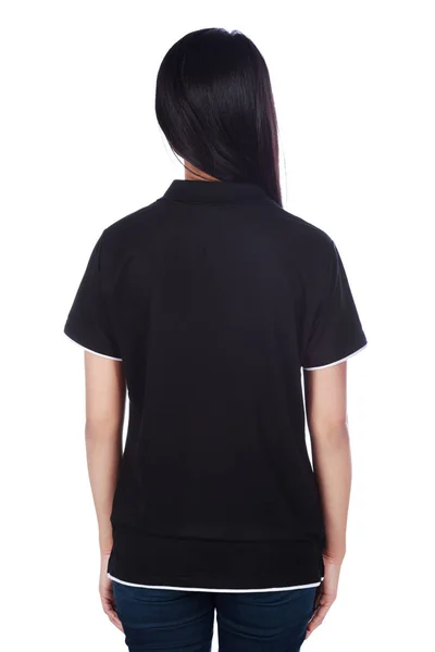 Woman Black Polo Shirt Isolated White Background Rear View — Stock Photo, Image